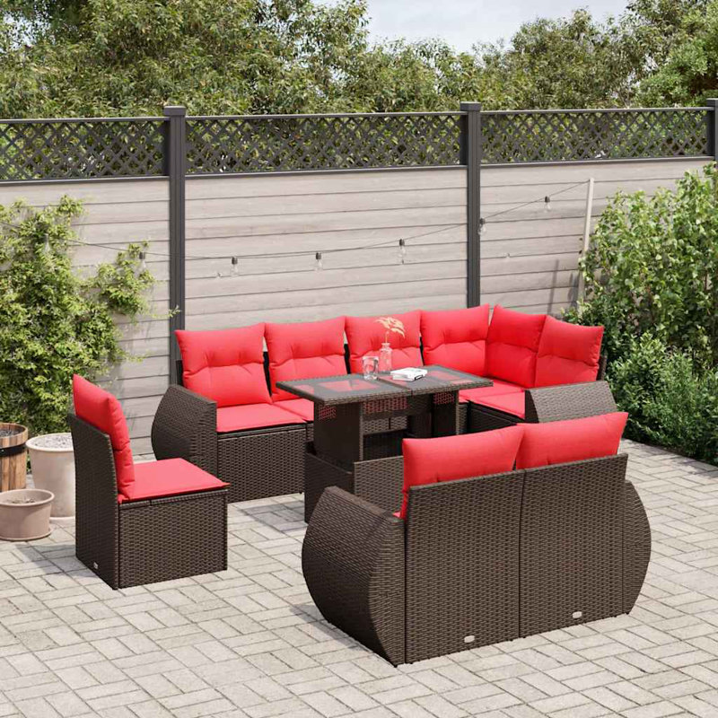 9 Piece Patio Sofa Set With Cushions Poly Rattan, Red, Brown