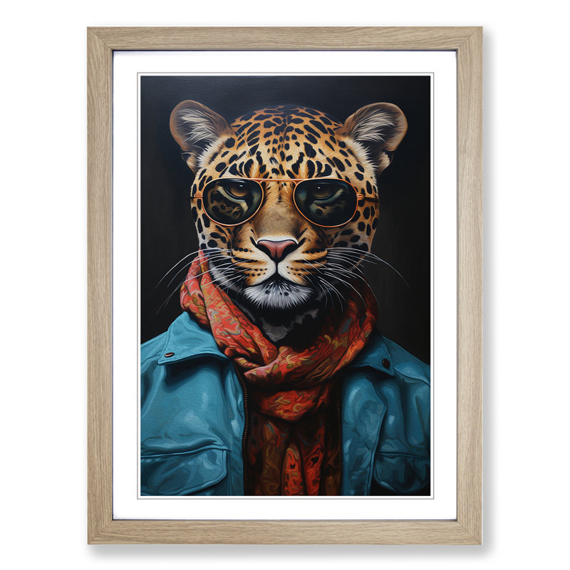 Leopard With Glasses Painting - Single Picture Frame Print on Wood, 64cm H x 46cm W x 2cm D, Oak Framed