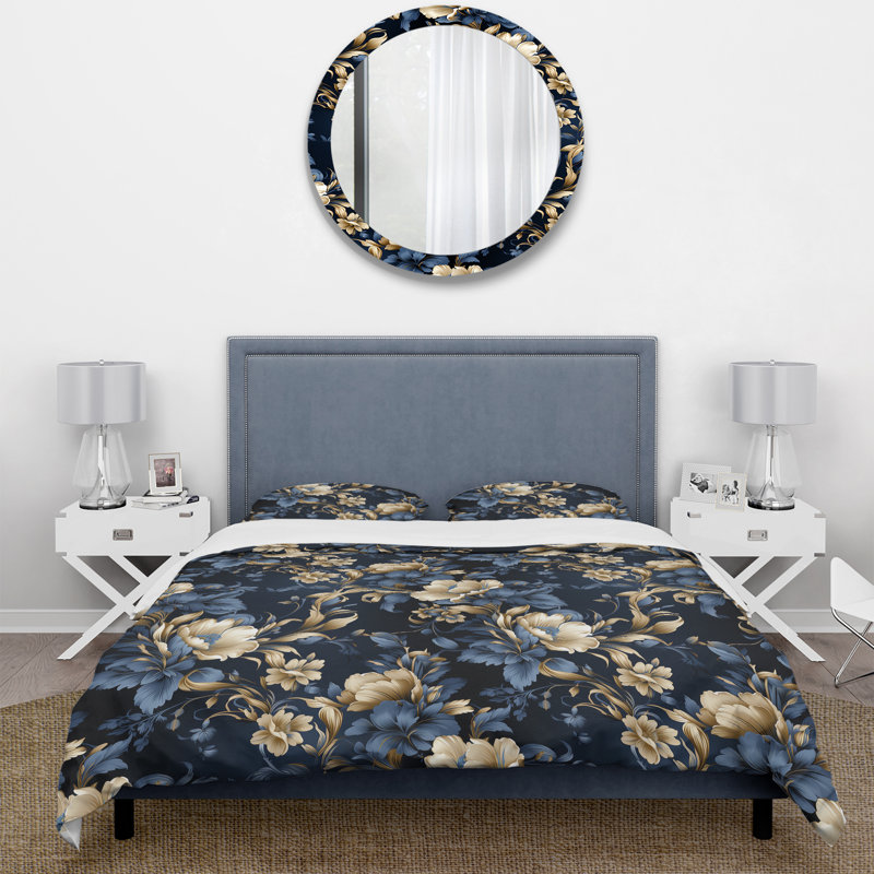 Ensemble de housse de couette à motif victorien doré bleu cobalt, Housse de couette pour très grand lit et 2 très