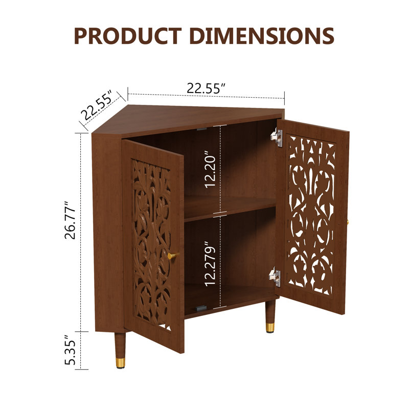 Retro Corner Cabinet With 2 Hollow Carved Doors And 2-Tier Shelves, Brown