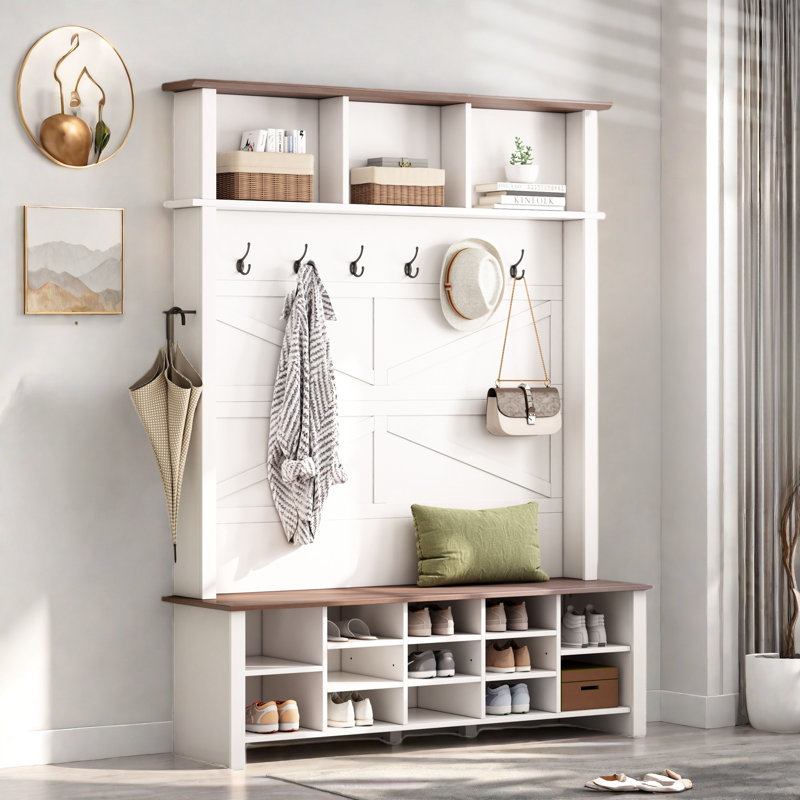 Farmhouse 4-in-1 Hall Tree With 6 Hooks, Entryway Bench With Adjustable Shelves, 16 Open Compartments And A Side Umbrella Rack