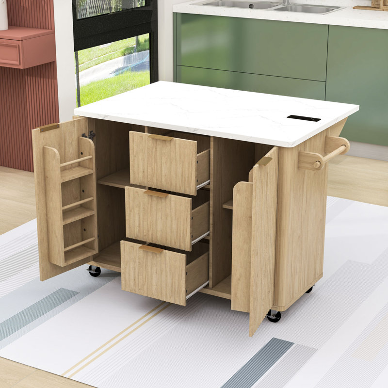 Kitchen Island with Drop Leaf, Power Outlet, Storage-6 Door Shelves and Adjustable Shelves, Natural