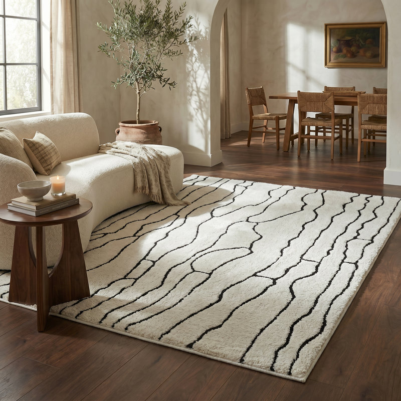 Tapis d'intérieur crème abstrait à motif de branches Tapis Alinda, Rectangle 6 pi 8 po x 9 pi 7 po
