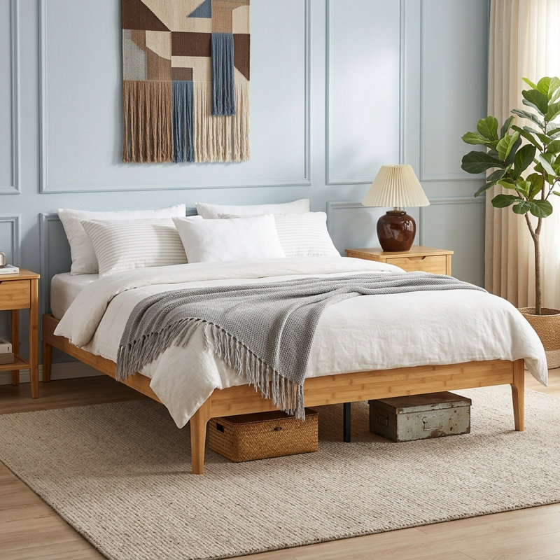 Structure de lit plateforme en bambou naturel de 15 pouces de hauteur, sans sommier, sans bruit avec rangement sous le lit