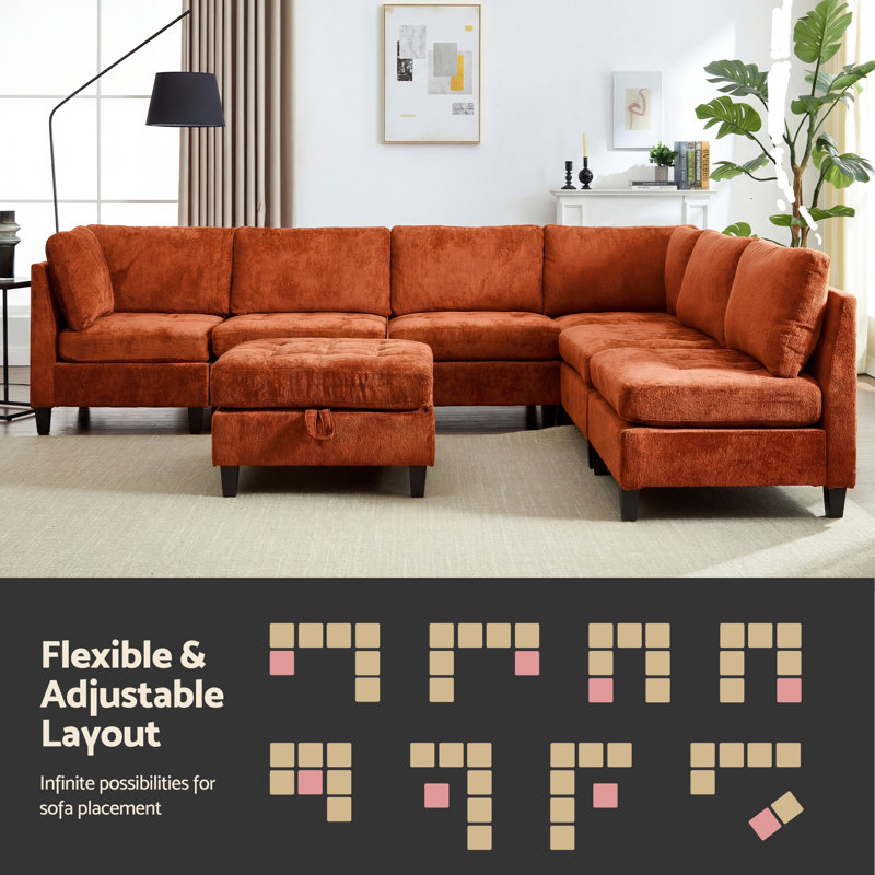 Canapé-lit modulaire avec repose-pieds Chenille, Chenille orange, H 33,5 po x l 223 po x P 32,3 po