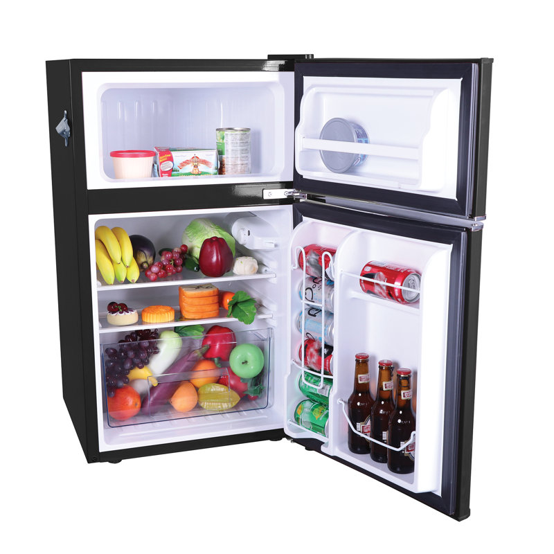 Compact Black Retro Freestanding Refrigerator-Freezer with Side Bottle Opener