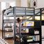 Lit mezzanine pour lit double avec rangement pour escalier AVELOR, bureau intégré en L, garde-robe et ensemble d'éclairage à DEL - espace de travail et garde-robe inclus-2134207966
