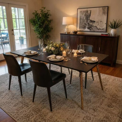 72" Modern Glam Solid Wood Dining Table for 6-8 with Hand-Textured Top and Champagne Gold Hammered Legs, British-Inspired Vintage Modern Design