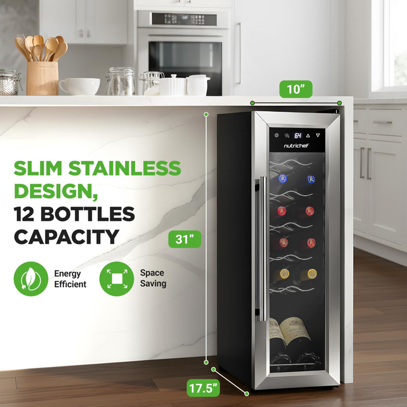 NutriChef Single Zone 17.72" Freestanding Wine Refrigerator, Holds 12 Bottles, Compact Design, Perfect for Home Use