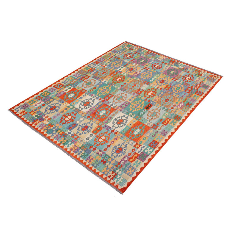 Tapis géométrique bleu / rouille / mauve en laine noué à la main à motif géométrique 8 pi 4 po x 9 pi 9 po Cedorah