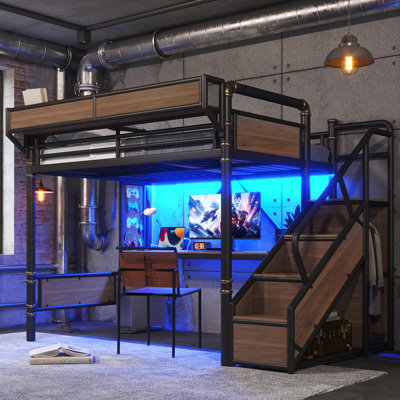 Full Size Industrial Metal Loft Bed with Built-in Desk, Power Outlet, LED Strip, Pegboard, Storage Baskets and Stairs with Wardrobe, Black Loft Bed Frame
