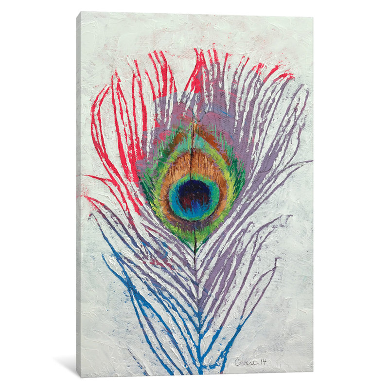 «Peacock Feather», reproduction d'art sur toile, H 24 po x l 16 po x P 1 po, Papier d'art encadré noir, Blanc
