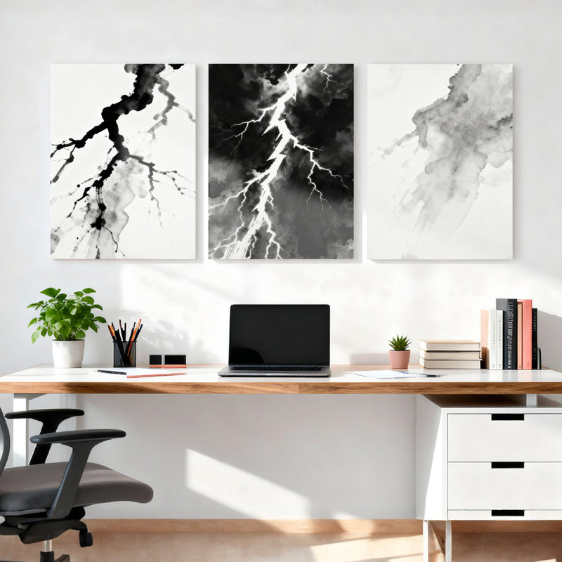 «Abstract Lightning Storm», impression sur toile tendue à l'encre noire et blanche (ensemble de 3), H 24 po x l 48 po
