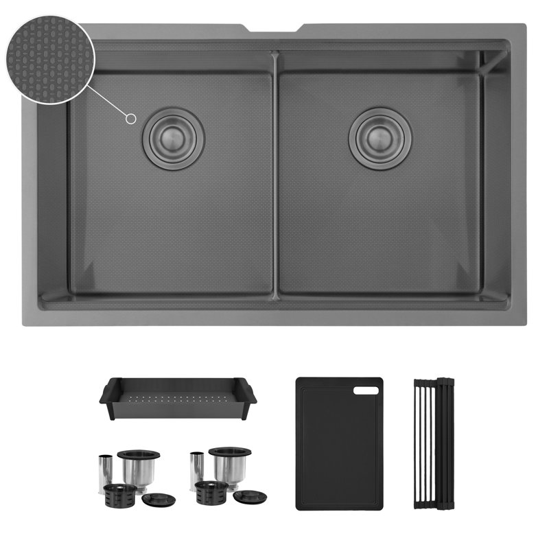 Undermount 32 inch Workstation 50/50 Double Bowl Kitchen Sink with Dura-Tek finish and Accessories