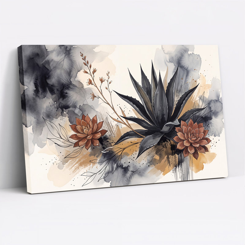 Gris et brun clair, aquarelle, agave et plantes grasses, art mural, H 28 po x l 40 po