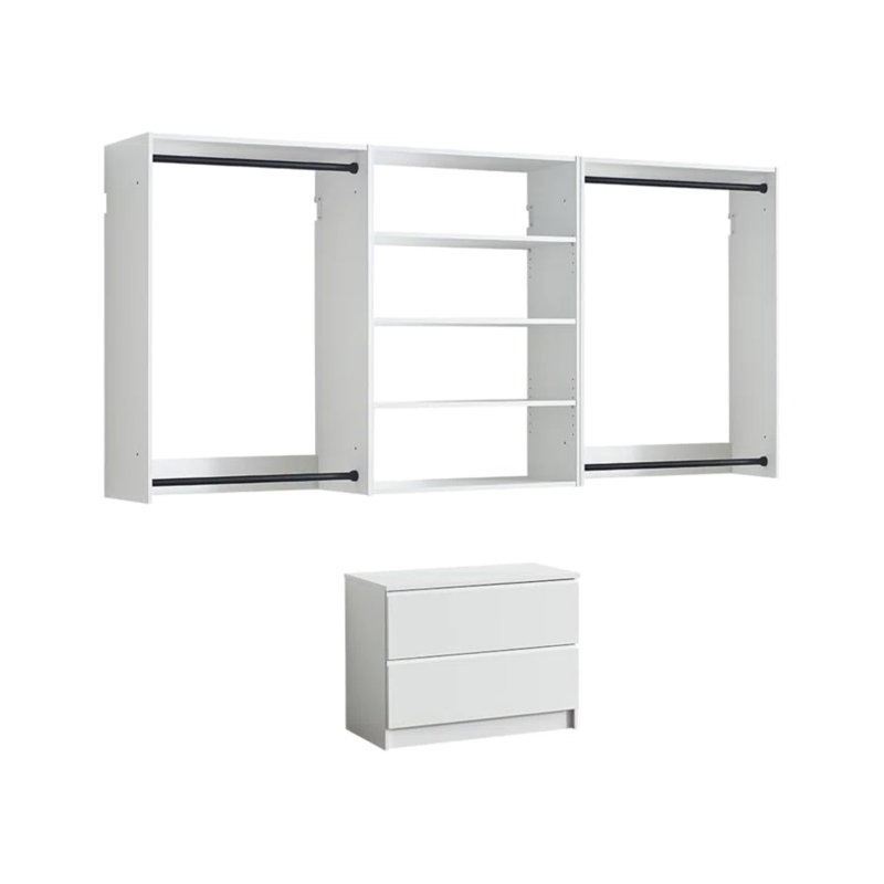  White Wall Mounted Modular Walk in Wood Closet System with Custom Storage Design, White