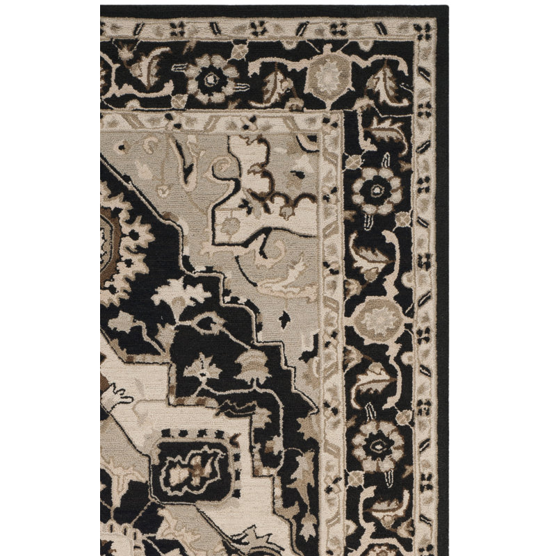 Tapis noir / naturel en laine crocheté à la main Tala, Rectangle 6 pi x 9 pi