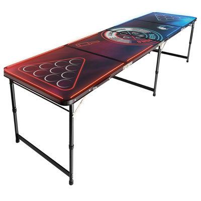 8 Foot Portable Beer Pong Table, LED Lights, Foldable Tailgate Table with Carrying Handles and 6 Pong Balls, Adjustable Height, Lightweight Table for Office, Tailgate Party, Travel & Camping