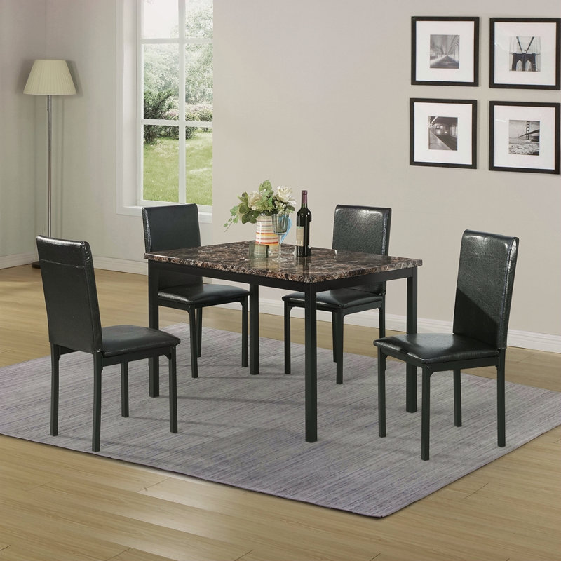 Ensemble de salle à manger en métal 5 pièces avec plateau en faux marbre, ensemble de salle à manger, table et 4 chaises Furniture