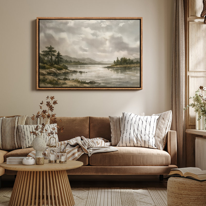 «Serene Lakeside Landscape with Distant Mountains and Soft Clouds», reproduction d'art encadrée, Naturel, H 24 po x l 36 po