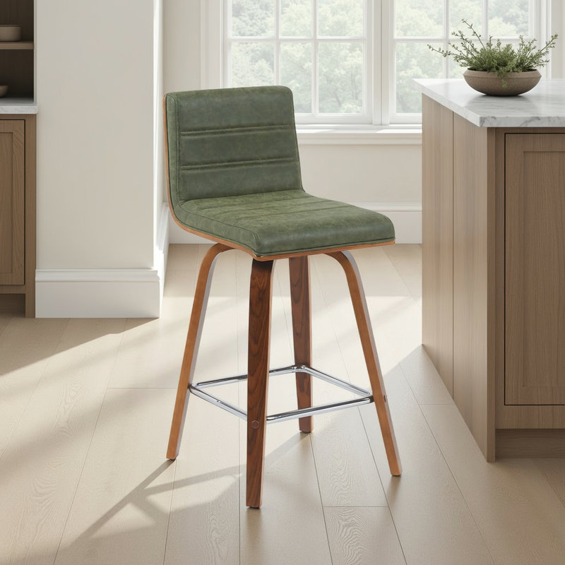 Tabouret de bar et de comptoir Biance, Noyer, Similicuir vert rétro, Tabouret de comptoir (siège d'une hauteur de 26 p