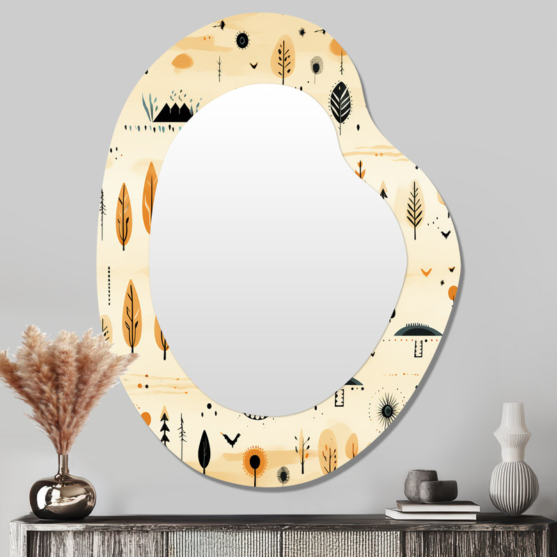 Motif tribal Nomad Boho - grand miroir mural asymétrique géométrique, miroir décoratif de forme irrégulière beige, impression d'art en métal
