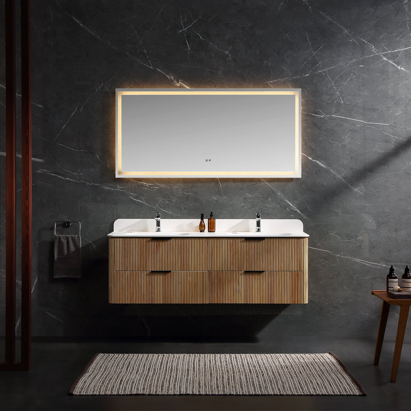 Fully Assembled Luxury 60" Oak Floating Bathroom Vanity & Sinks Mid-Century Style Wall-Mounted Bathroom Cabinet
