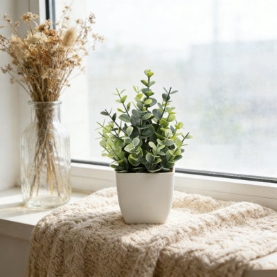 Artificial Plastic Mini Plants in White Pot,Desk Plant Artificial Flowers with Vase,Small Faux Plastic Plants for Home Kitchen Garden Office Indoor Decor