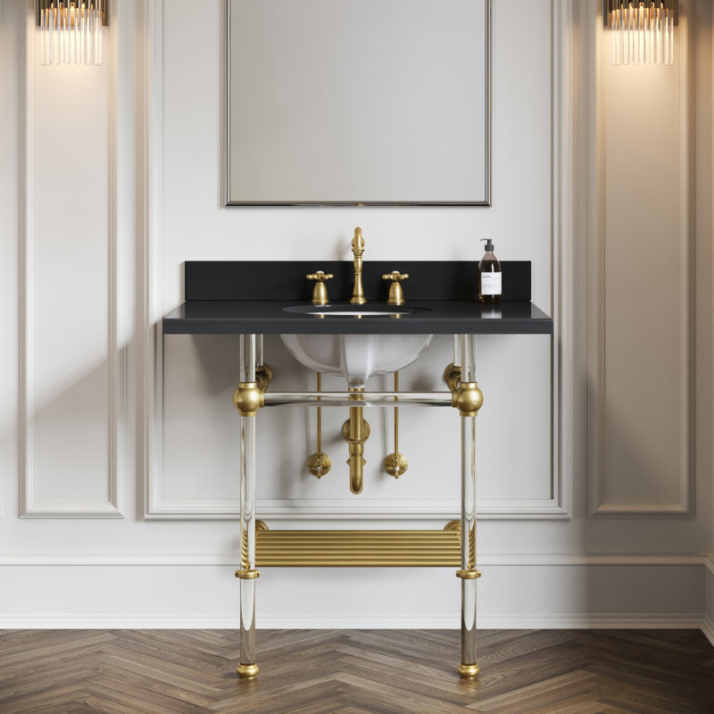 Évier de console Kingston en laiton KVPK36KAB7 36 "avec pieds en acrylique (8 pouces, 3 trous), granit noir / laiton brossé Kingston