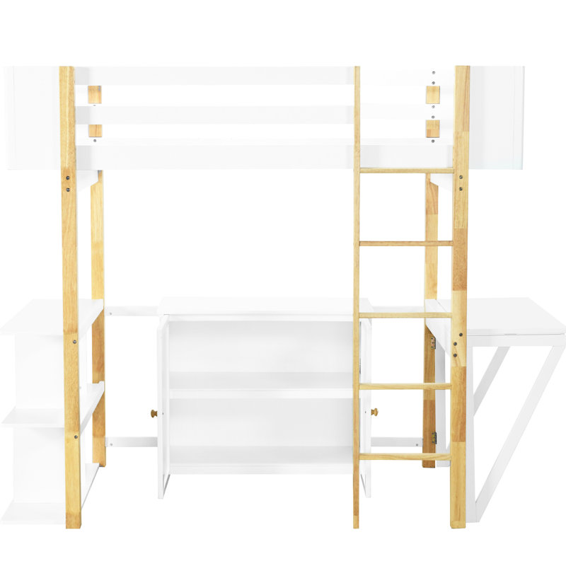 Lit mezzanine simple en blanc avec tiroirs de rangement et bureau d'ordinateur pliable pour une installation à domicile efficace