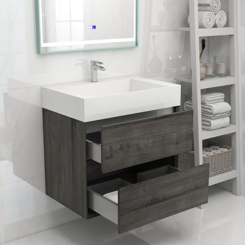 30" Wall Mounted Single Bathroom Vanity, Smoke Oak