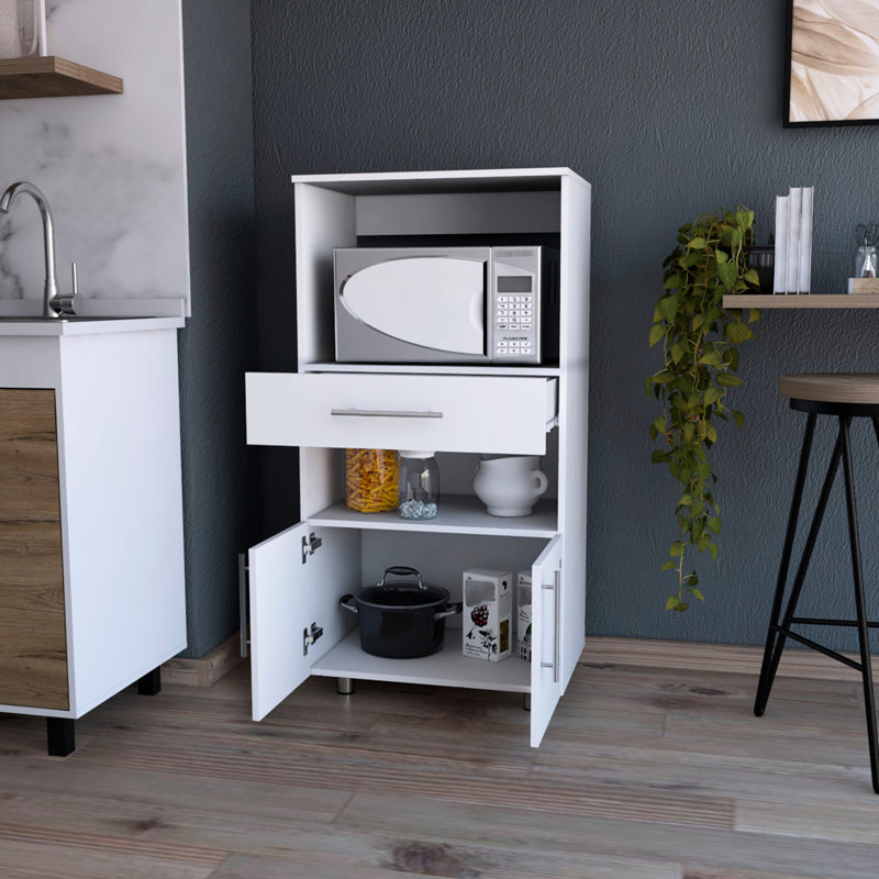 Élégant garde-manger blanc avec support à micro-ondes, avec tiroir et support de rangement généreux