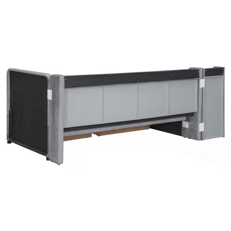 Lit de jour simple tapissier avec tiroirs, tablettes, armoires rabattables et table d'appoint
