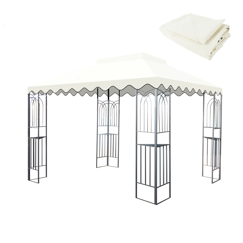 10X10 Ft Outdoor Patio Gazebo Replacement Canopy,Double Tiered Gazebo Tent Roof Top Cover Only Wavy Border(Frame Not Include)-Beige