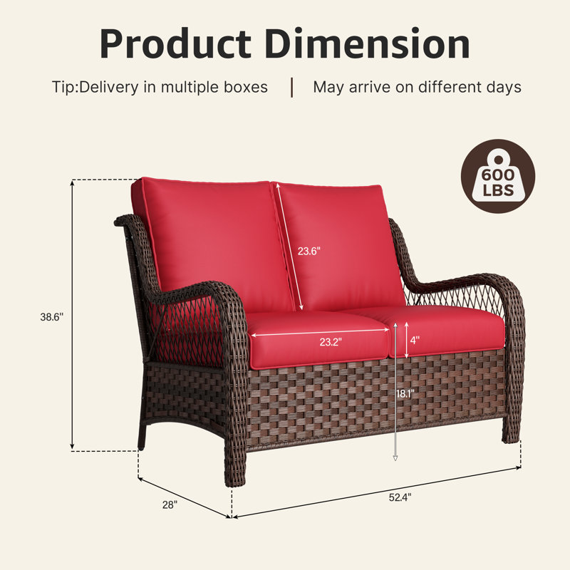 Fauteuil d'extérieur à deux places en rotin de qualité supérieure avec coussins, Rouge