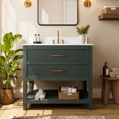 36" Fully Assembled Single Bathroom Vanity With Artificial Marble Top, Green