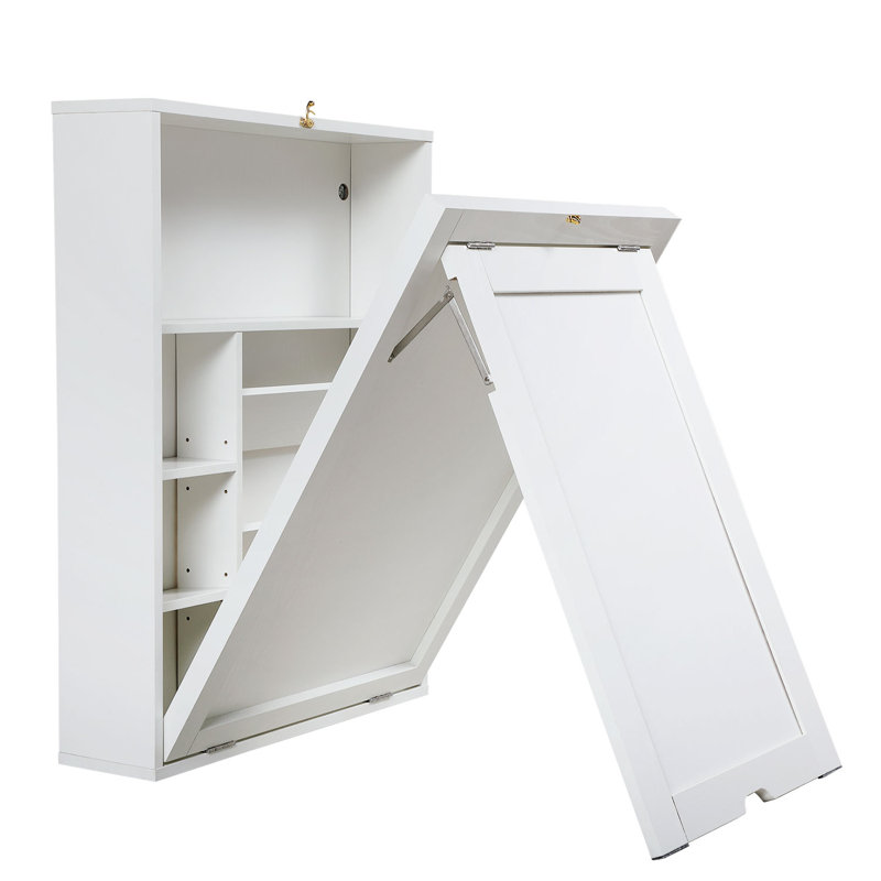 Wall-Mounted Folding Desk, Modern Convertible Fold Out Computer Desk, Foldable Floating Cabinet Table with Multi-Level Storage Shelves for Home, Office, White
