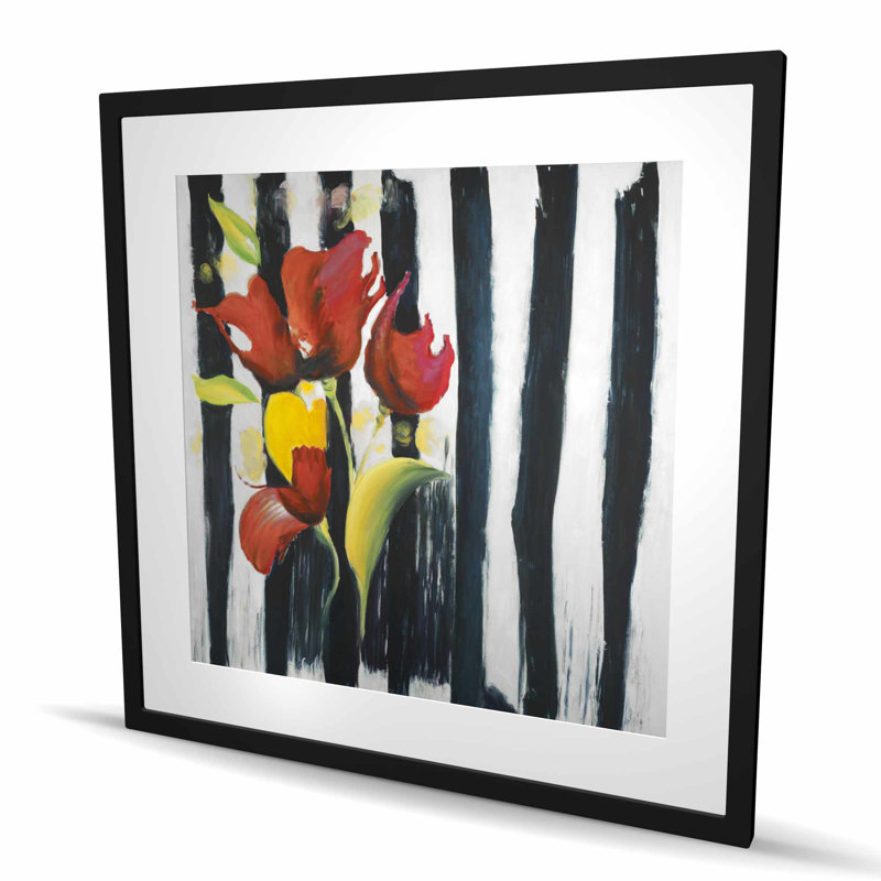 Fleurs rouges sur fond rayé - Impression de bureau encadrée | Décoration