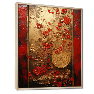 God and Red Floral Japanese Tiles III - Abstract Botanicals Wall Art
