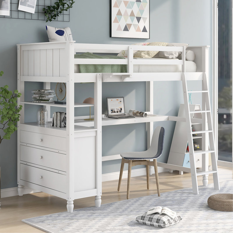 Full Size Loft Bed With Drawers And Desk, Wooden Loft Bed With Shelves, Twin, White