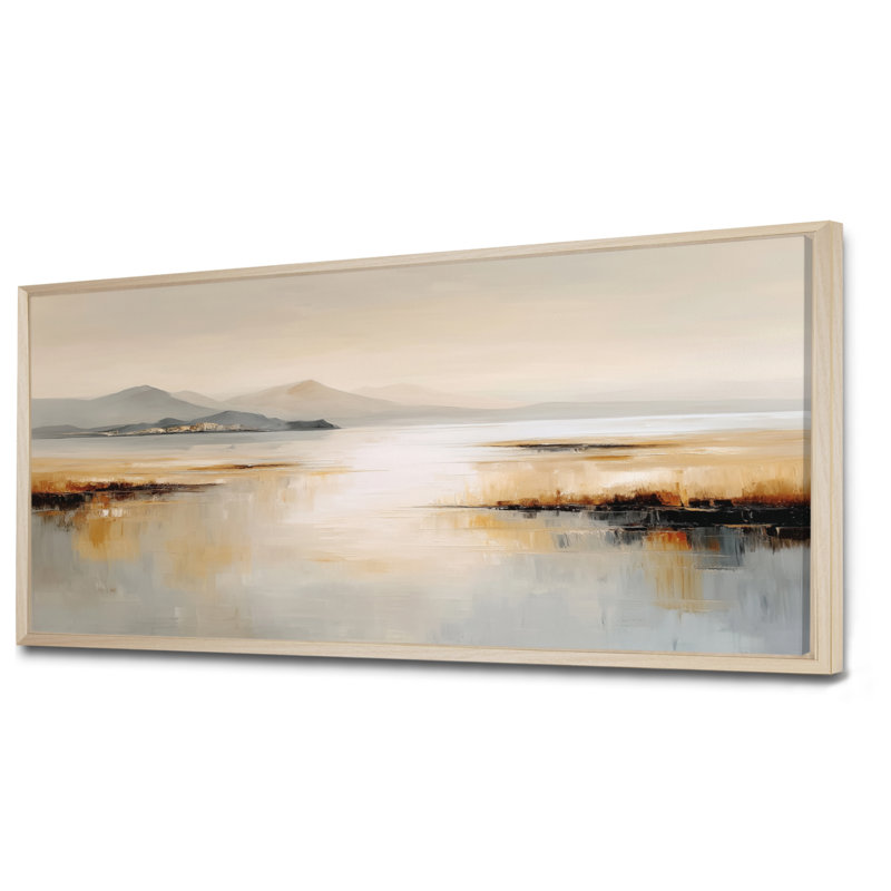 «Brown Grey Sunset Over Flathead Lake», art sur toile, paysage brun, Cadre flottant, Crème, H 28 po x l 60 po