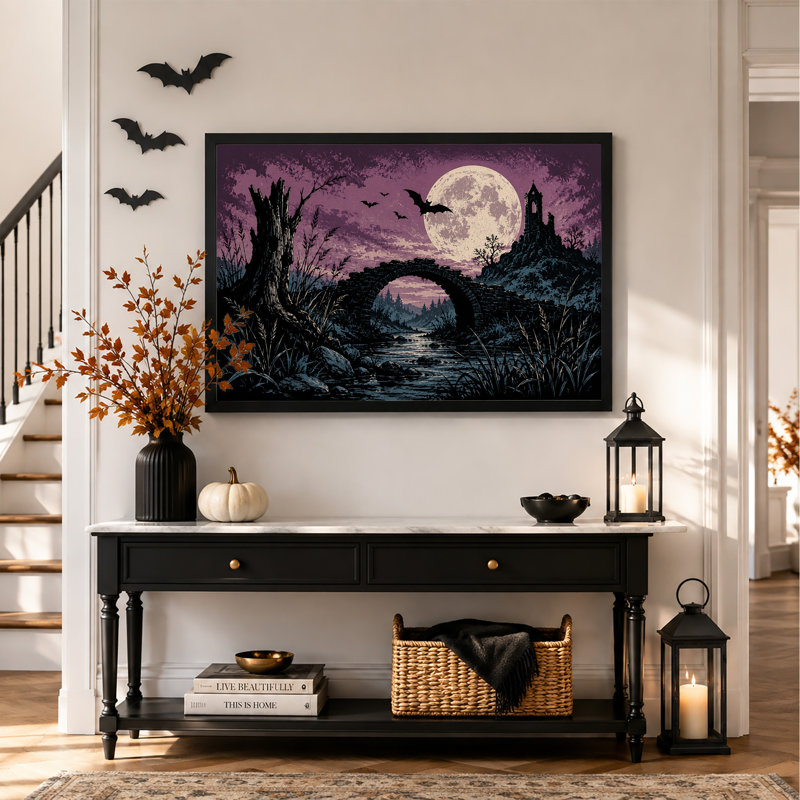 Pont de pierre et tour en ruine sous une lune violette - Toile murale d'Halloween, H 12 po x l 18 po