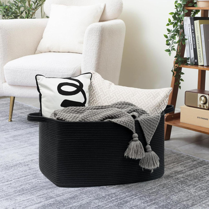 Large Blanket Basket Living Room,Woven Storage Basket For Blankets, Toys, Rectangle Rope Dirty Clothes Baskets For Nursery, Bedroom