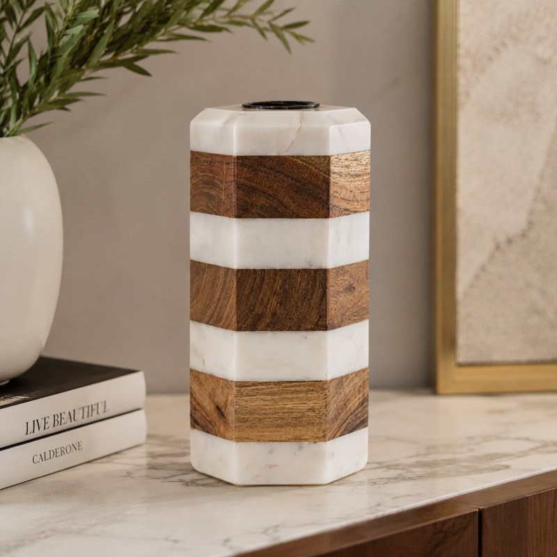 Porte-bougie rayé blanc moderne en marbre et bois d'acacia, Blanc