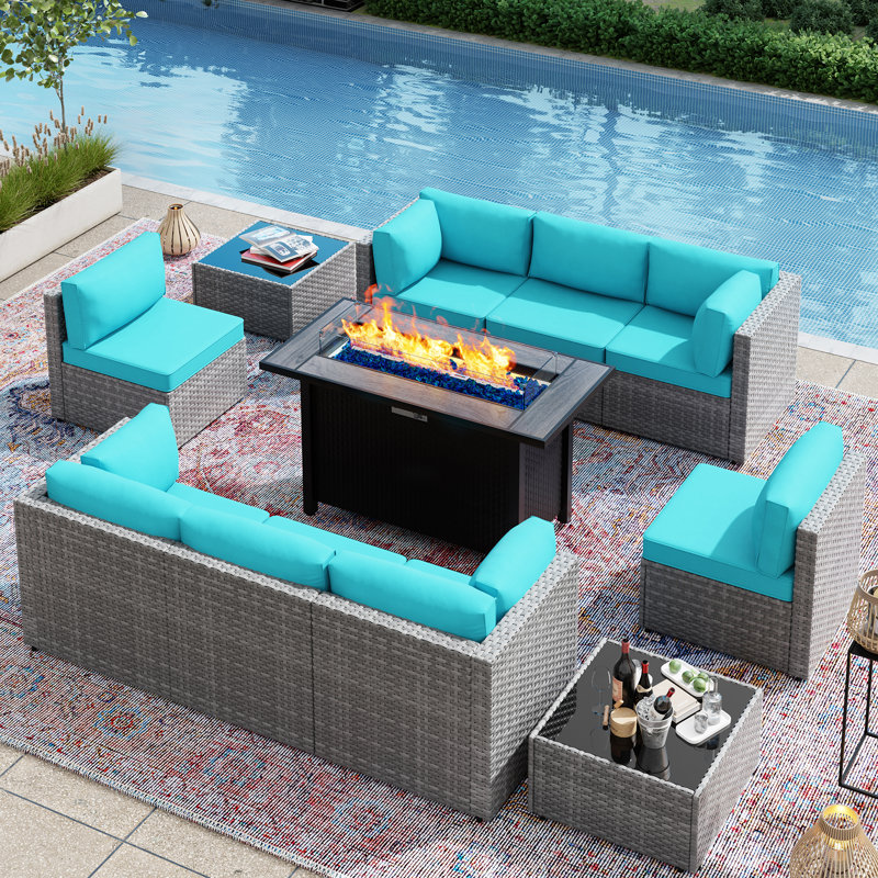  11-Piece Outdoor Furniture Seating Group with Fire Pit Table, Blue, Silver