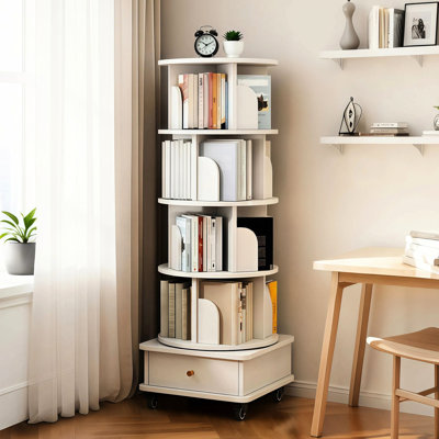 Étagère pivotante à 5 niveaux avec rotation à 360°, roulettes avec freins et tiroir, idéale pour la décoration du salon et de la chambre - Blanc chaud. Espace de rangement optimisé grâce aux roulettes et au séparateur de tiroir.