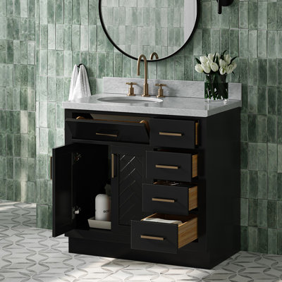 Ensemble de meuble-lavabo ovale simple 37 po à chevrons avec comptoir en marbre blanc de Carrare noir 1,5 po Chevron