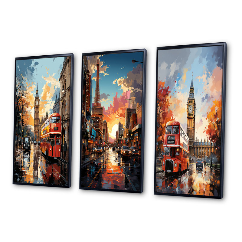 Red Beige City London Popart - ensemble d'art urbain de 3 pièces, Cadre noir, H 20 po x l 36 po