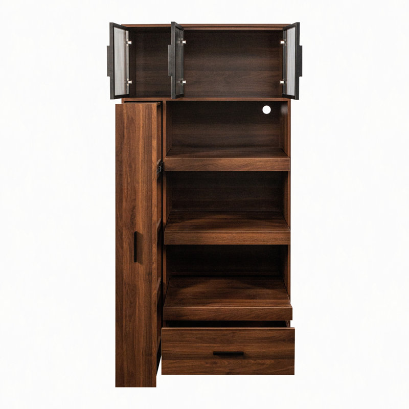 Armoire de cuisine de 70,87 po de hauteur avec tablette de rangement coulissante multi-fonctionnelle multi-niveaux, 1 tiroir, avec porte en verre à cadre en aluminium, cloche à nourriture autoportante avec support à micro-ondes pour salle à manger