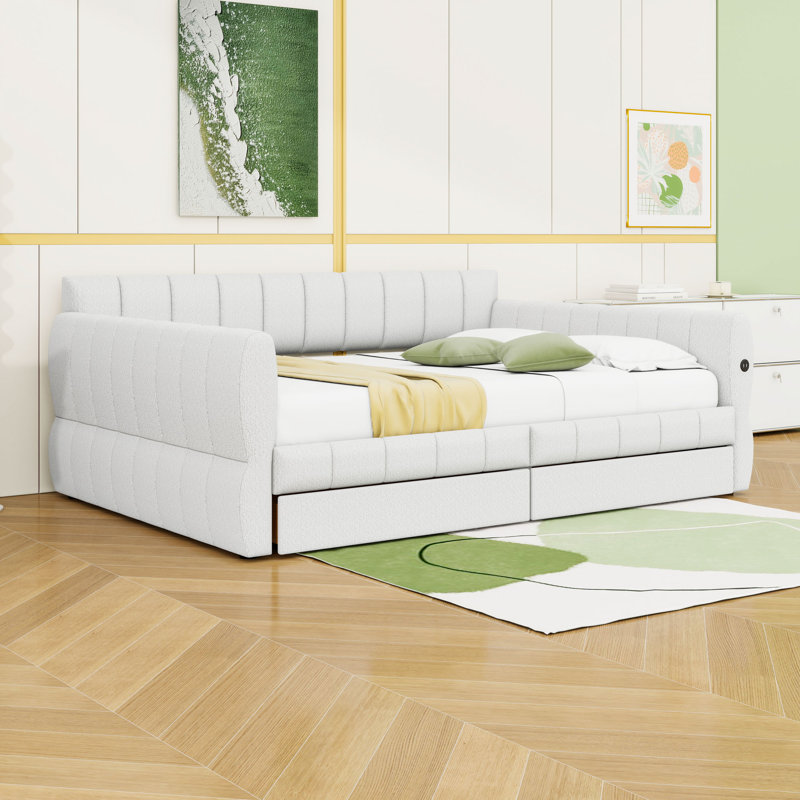 Grand lit plateforme tapissier avec ports USB et 2 tiroirs de rangement, Blanc